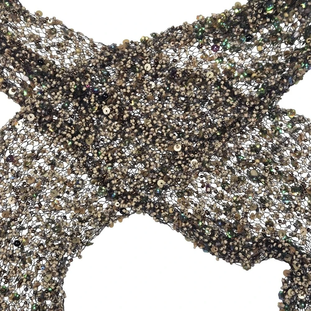 Hand Beaded Sequin Net Scarf Iridescent Evening Wrap Mermaid Forest Fairy